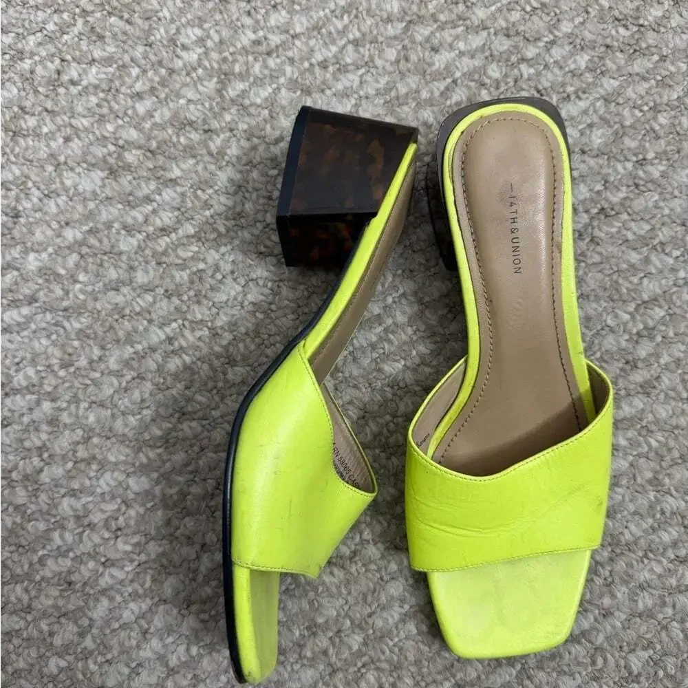 14th & Union Neon Yellow Heeled Sandals brown slip on block heel size 6